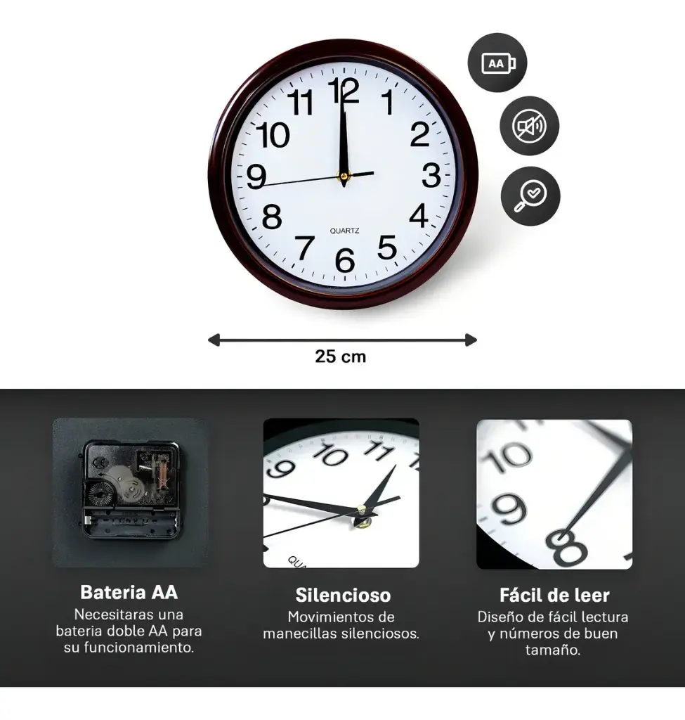 Reloj de pared redondo Negro 25 cm (1).webp