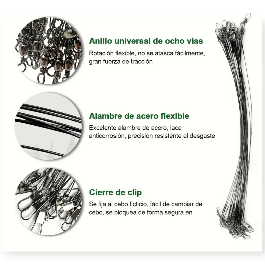 Lideres de acero con destorcedor y seguro pesca 30cm Negro con 10pz  (4).webp