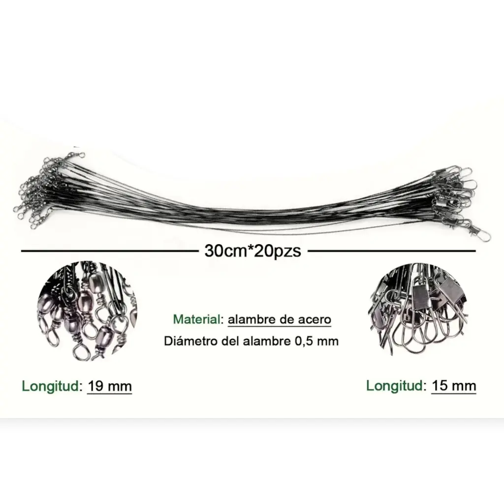 Lideres de acero con destorcedor y seguro pesca 30cm Negro con 10pz  (3).webp