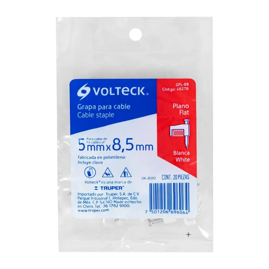 [48278] Bolsa grapas planas blancas 8.5 × 5 mm con 20 pzas | Volteck