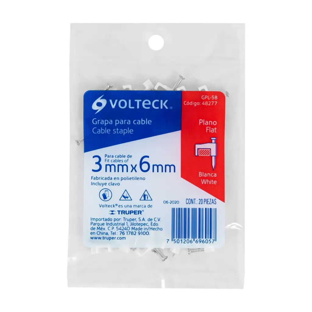 [48277] Bolsa grapas planas blancas 6 × 3 mm con 20 pzas | Volteck