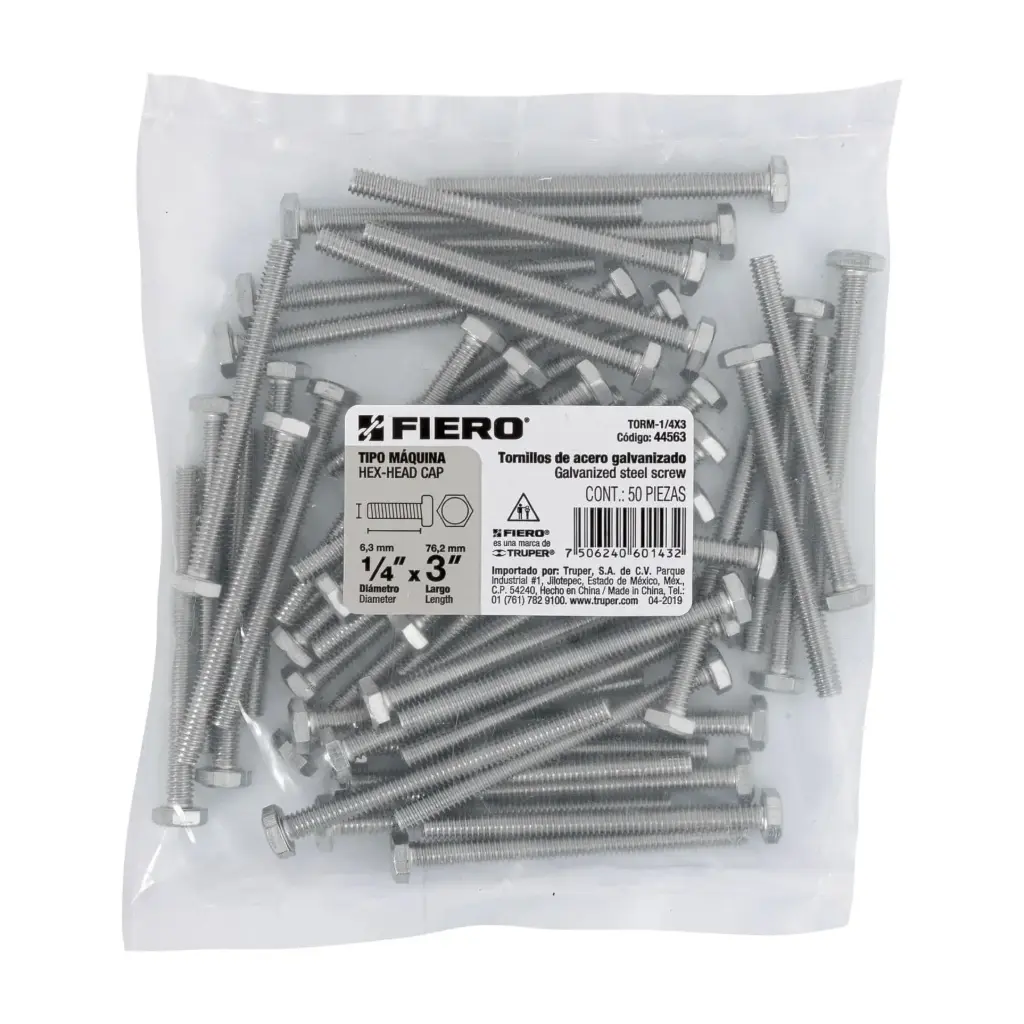 Bolsa Tornillo #1/4 x 3 Máquina hexagonal galvanizado con 50 pzas | Fiero