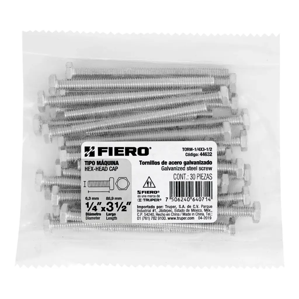 Bolsa Tornillo #1/4 x 3 1/2 Máquina hexagonal galvanizado con 30 pzas | Fiero