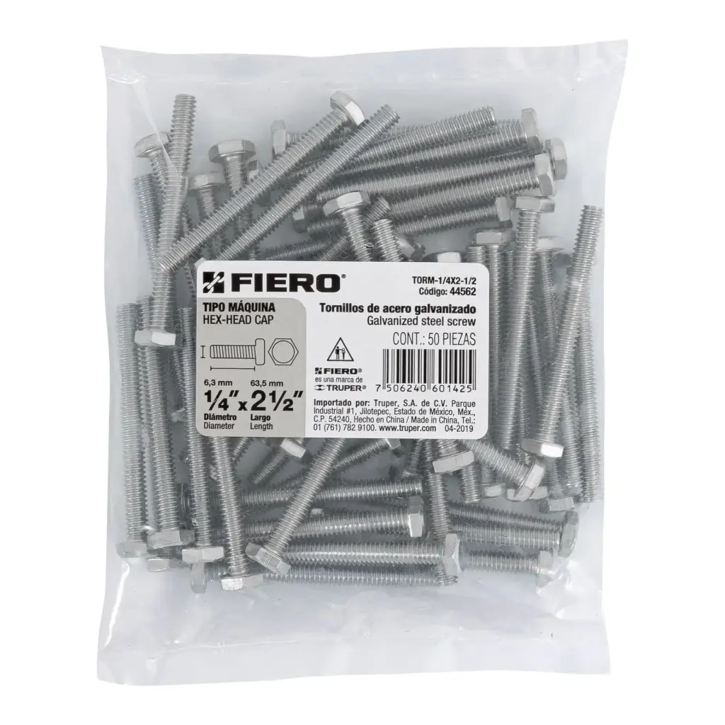 Bolsa Tornillo #1/4 x 2 1/2 Máquina hexagonal galvanizado con 50 pzas | Fiero