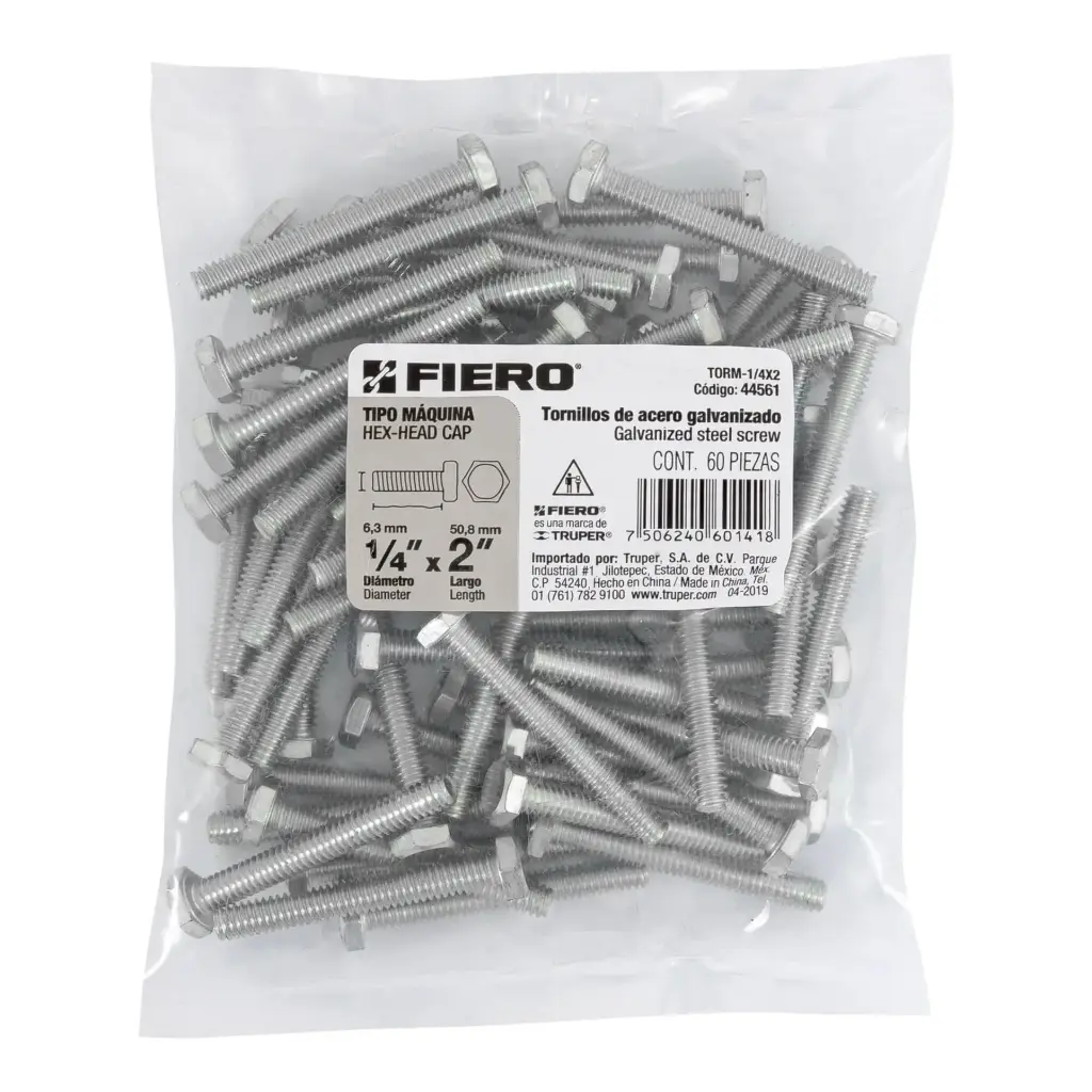 Bolsa Tornillo #1/4 x 2 Máquina hexagonal galvanizado con 60 pzas | Fiero