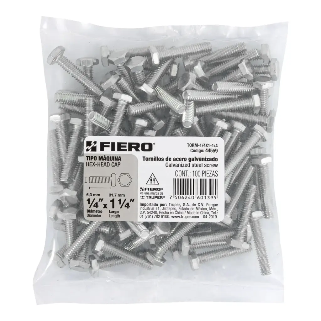 Bolsa Tornillo #1/4 x 1 1/4 Máquina hexagonal galvanizado con 100 pzas | Fiero