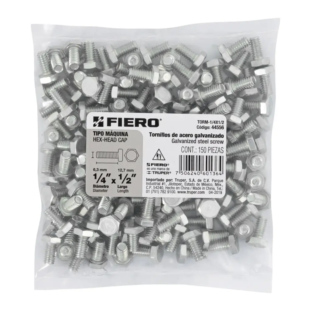 Bolsa Tornillo #1/4 x 1/2 Máquina hexagonal galvanizado con 150 pzas | Fiero