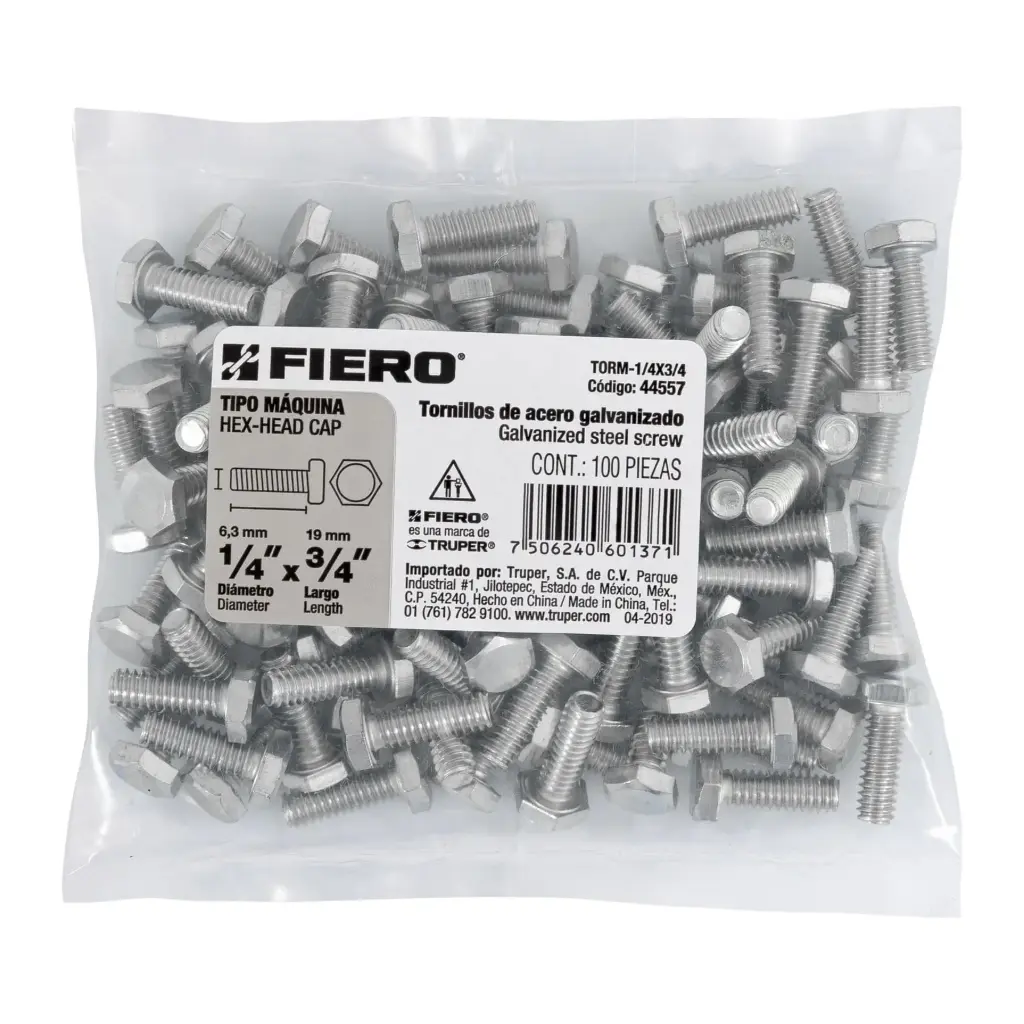 Bolsa Tornillo #1/4 x 3/4 Máquina hexagonal galvanizado con 150 pzas | Fiero