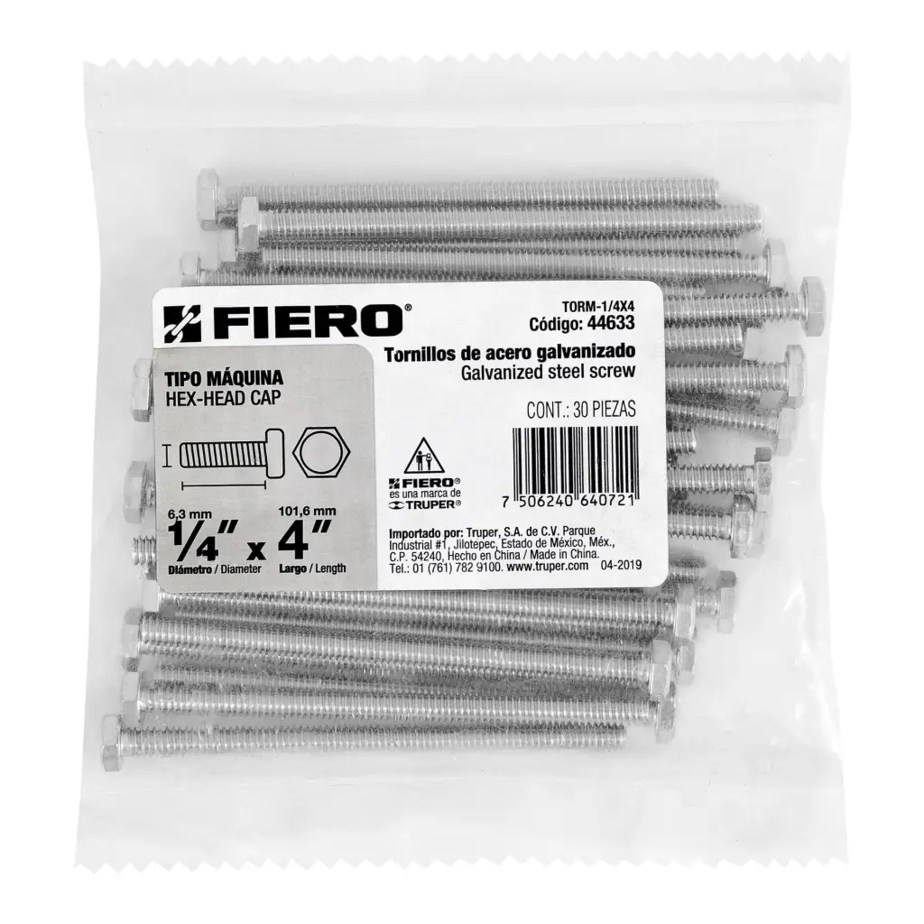 Bolsa Tornillo #1/4 x 4 Máquina hexagonal galvanizado con 30 pzas | Fiero