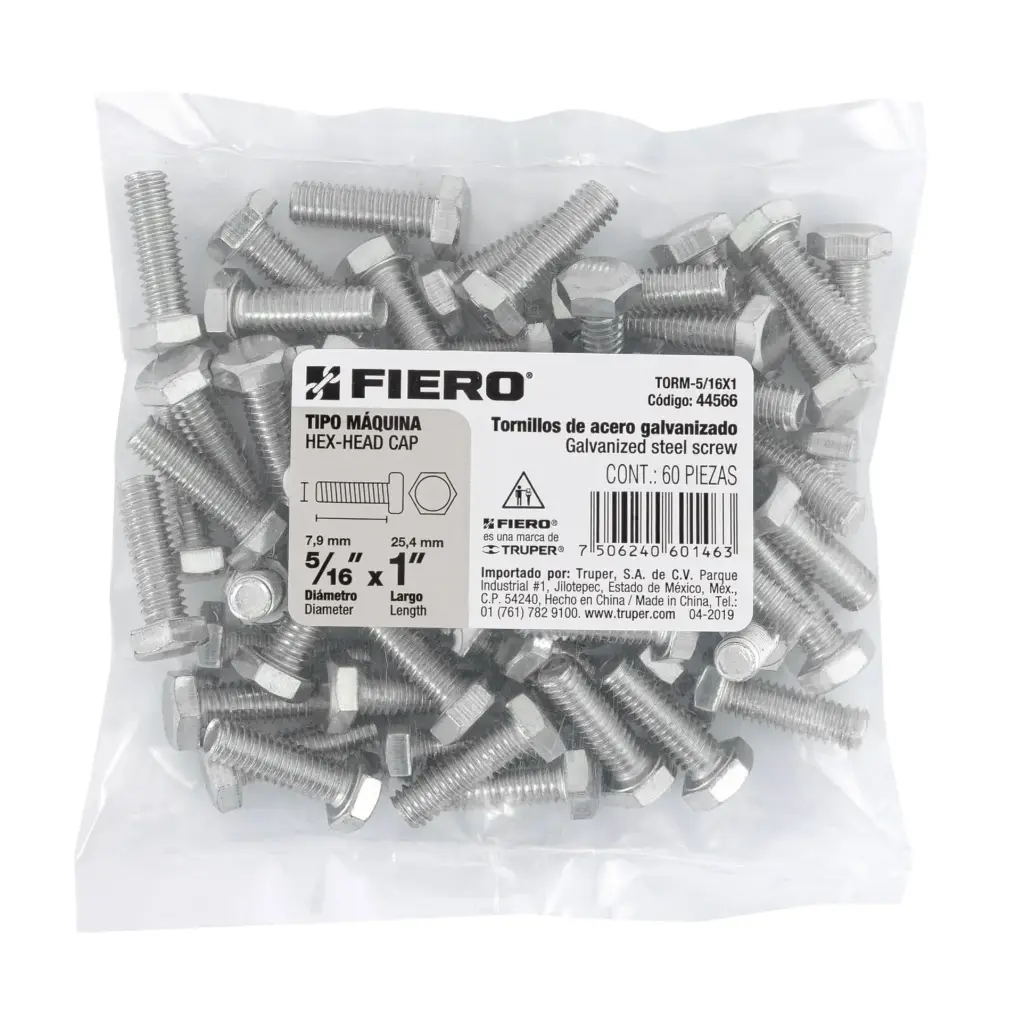 Bolsa Tornillo #5/16 x 1 Máquina hexagonal galvanizado con 60 pzas | Fiero
