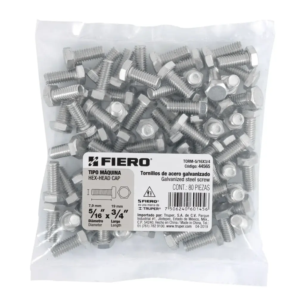 Bolsa Tornillo #5/16 x 3/4 Máquina hexagonal galvanizado con 80 pzas | Fiero