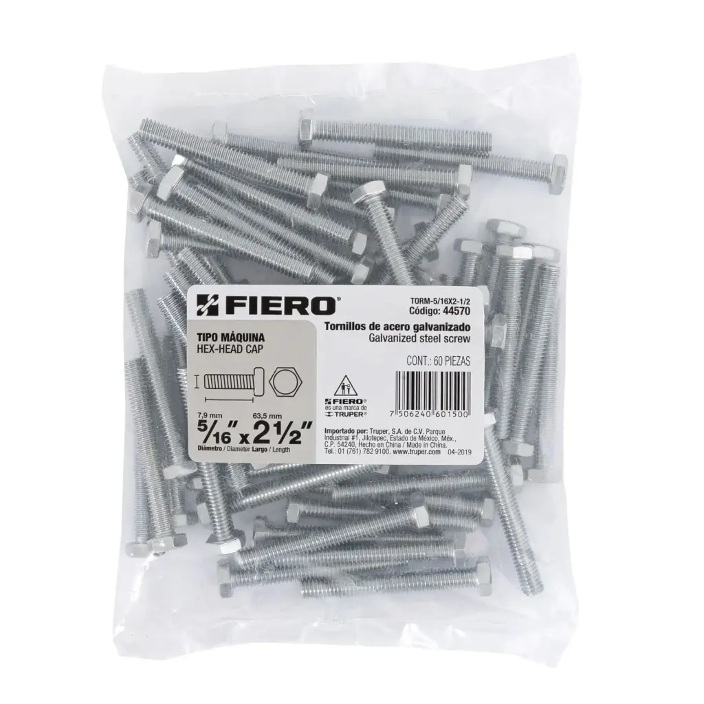 Bolsa Tornillo #5/16 x 2 1/2 Máquina hexagonal galvanizado con 60 pzas | Fiero
