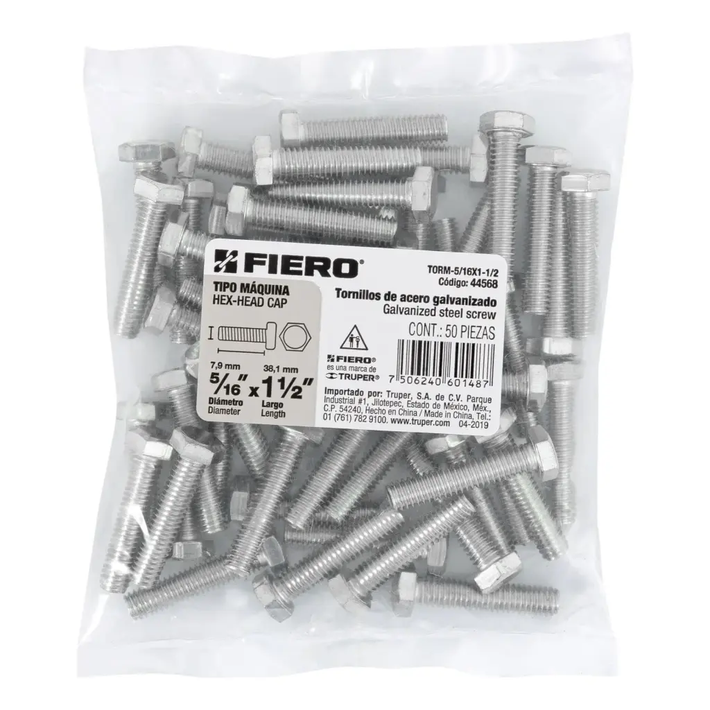 Bolsa Tornillo #5/16 x 1 1/2 Máquina hexagonal galvanizado con 50 pzas | Fiero
