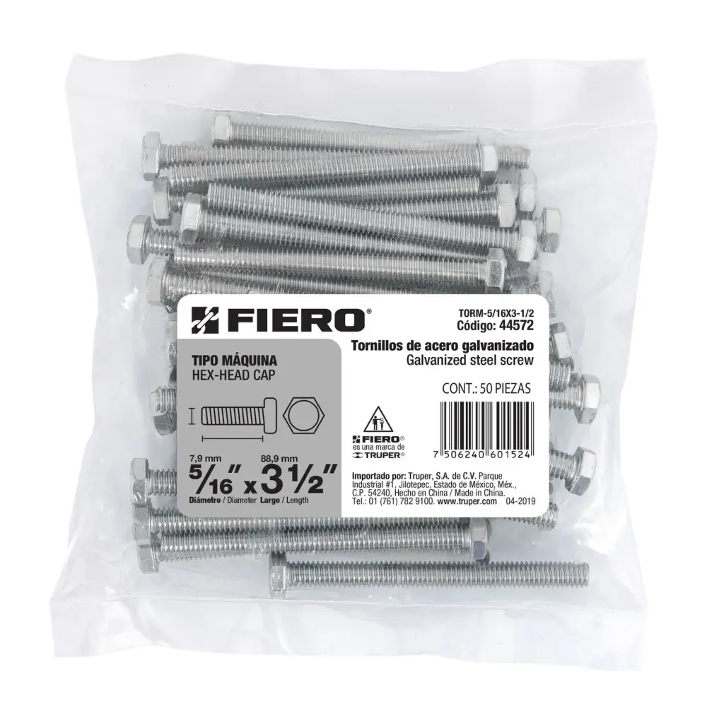 Bolsa Tornillo #5/16 x 3 Máquina hexagonal galvanizado con 60 pzas | Fiero