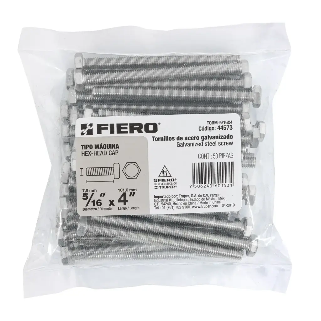 Bolsa Tornillo #5/16 x 4 Máquina hexagonal galvanizado con 50 pzas | Fiero