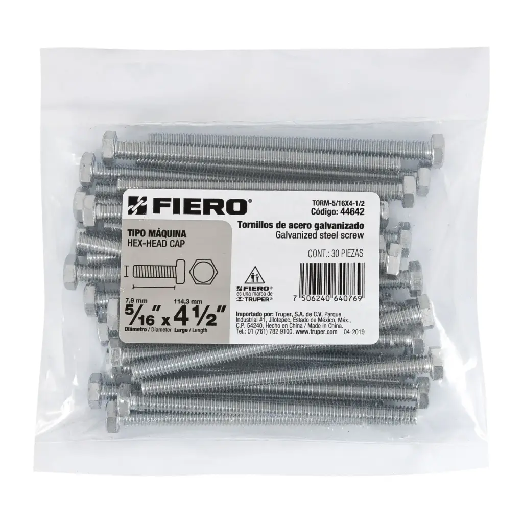 Bolsa Tornillo #5/16 x 4 1/2 Máquina hexagonal galvanizado con 30 pzas | Fiero