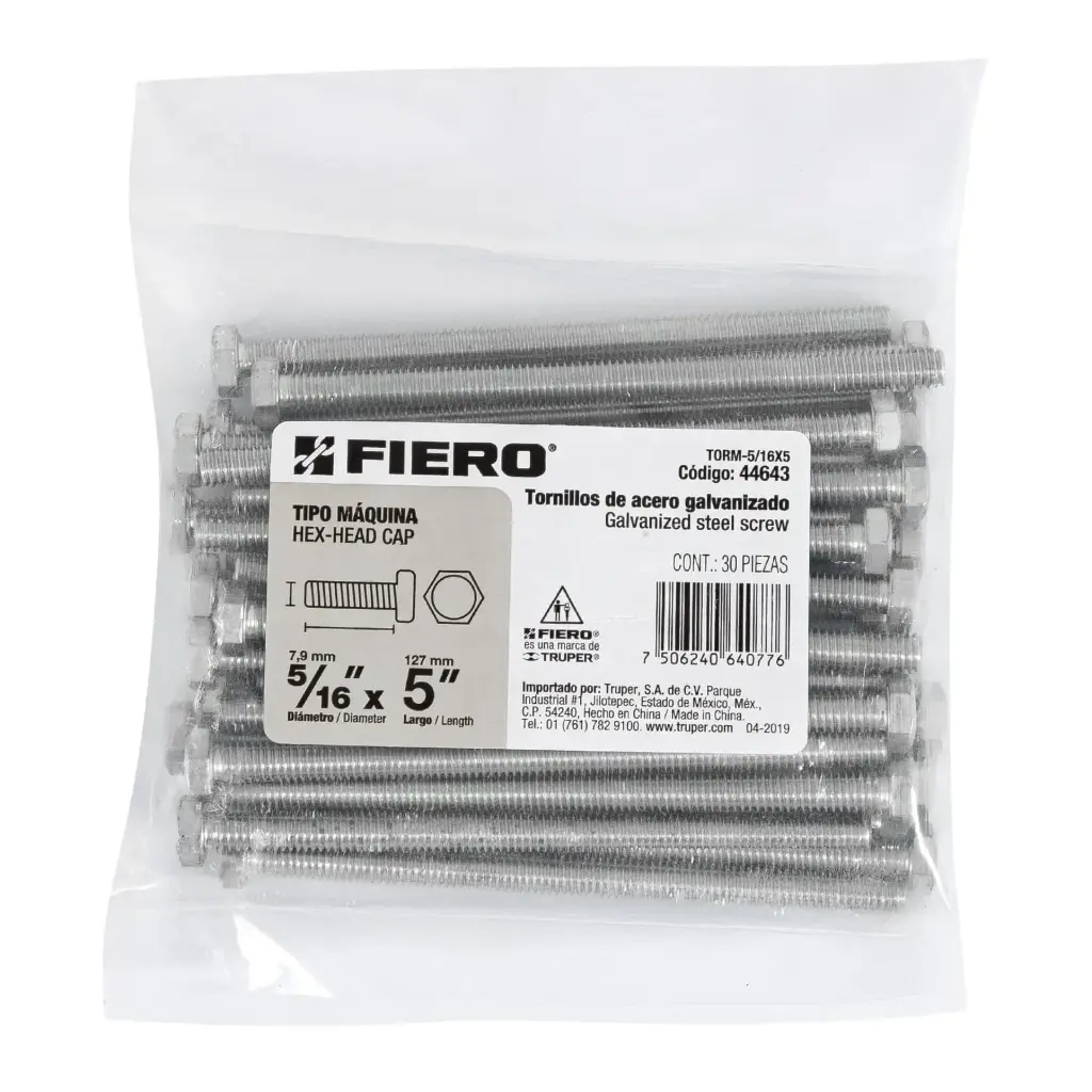 Bolsa Tornillo #5/16 x 5 Máquina hexagonal galvanizado con 30 pzas | Fiero