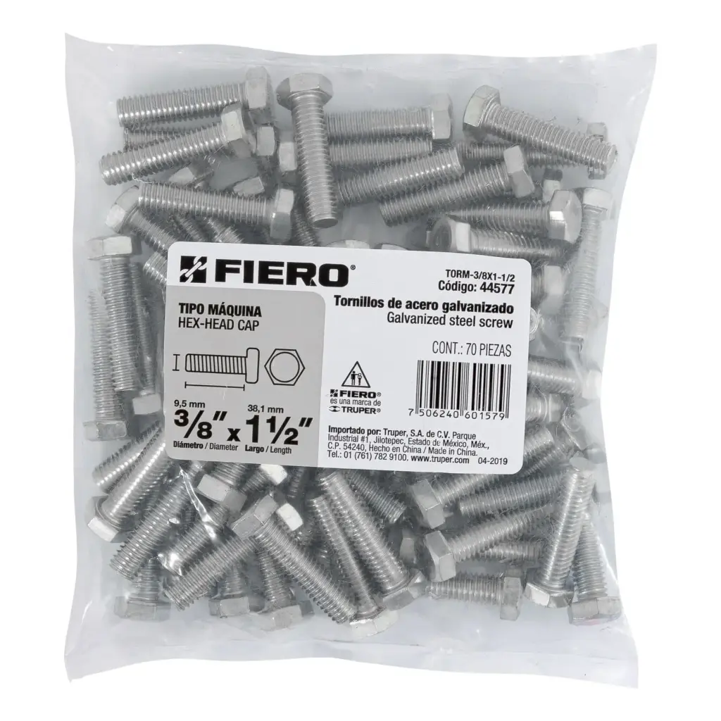 Bolsa Tornillo #3/8 x 1 1/2 Máquina hexagonal galvanizado con 70 pzas | Fiero