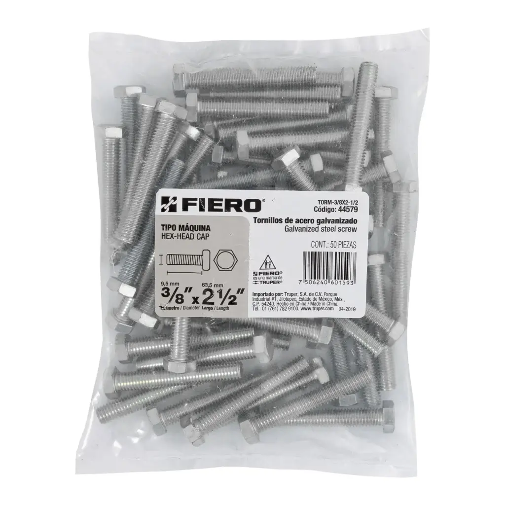 Bolsa Tornillo #3/8 x 2 1/2 Máquina hexagonal galvanizado con 50 pzas | Fiero