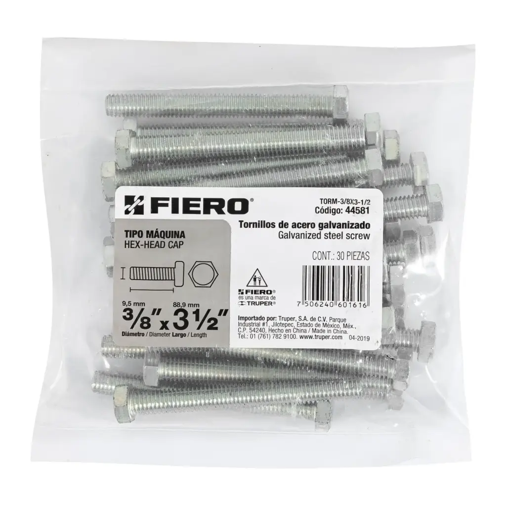 Bolsa Tornillo #3/8 x 3 1/2 Máquina hexagonal galvanizado con 30 pzas | Fiero