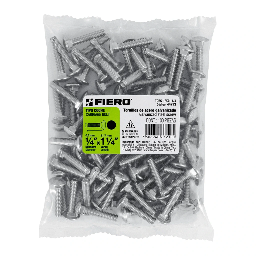 Bolsa Tornillo #1/4 x 1 1/4 Coche galvanizado con 100 pzas | Fiero