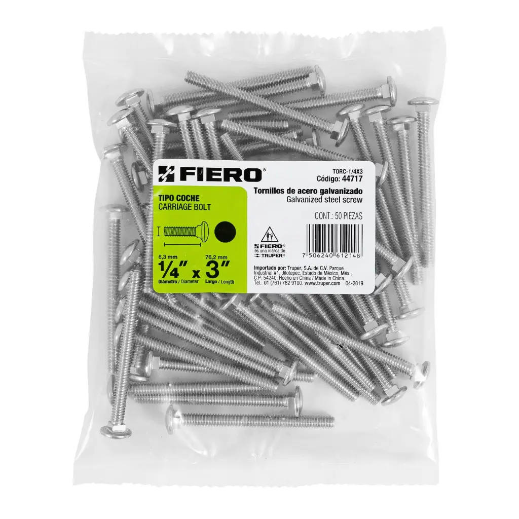 Bolsa Tornillo #1/4 x 3 Coche galvanizado con 50 pzas | Fiero