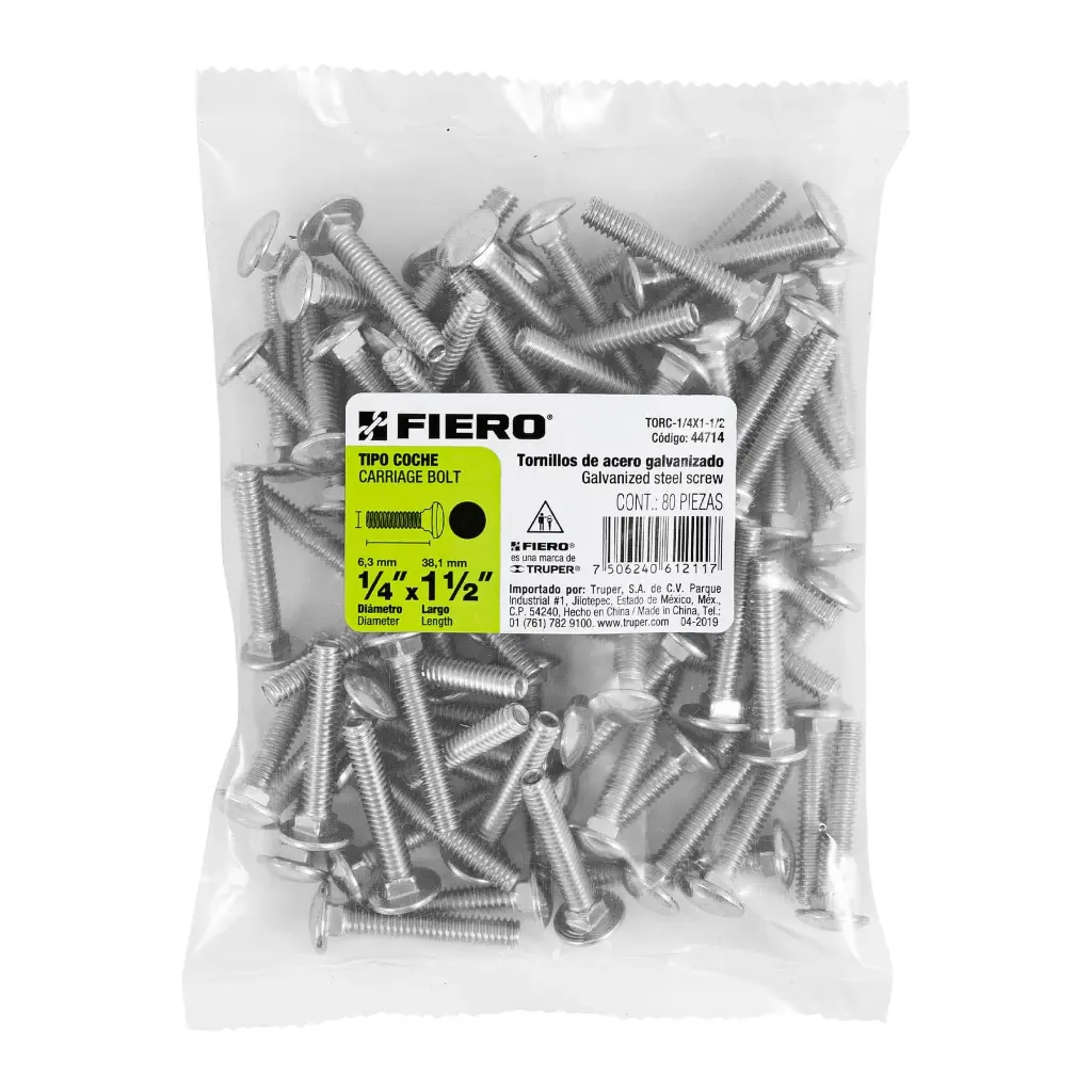 [44714] Bolsa Tornillo #1/4 x 1 1/2 Coche galvanizado con 100 pzas | Fiero