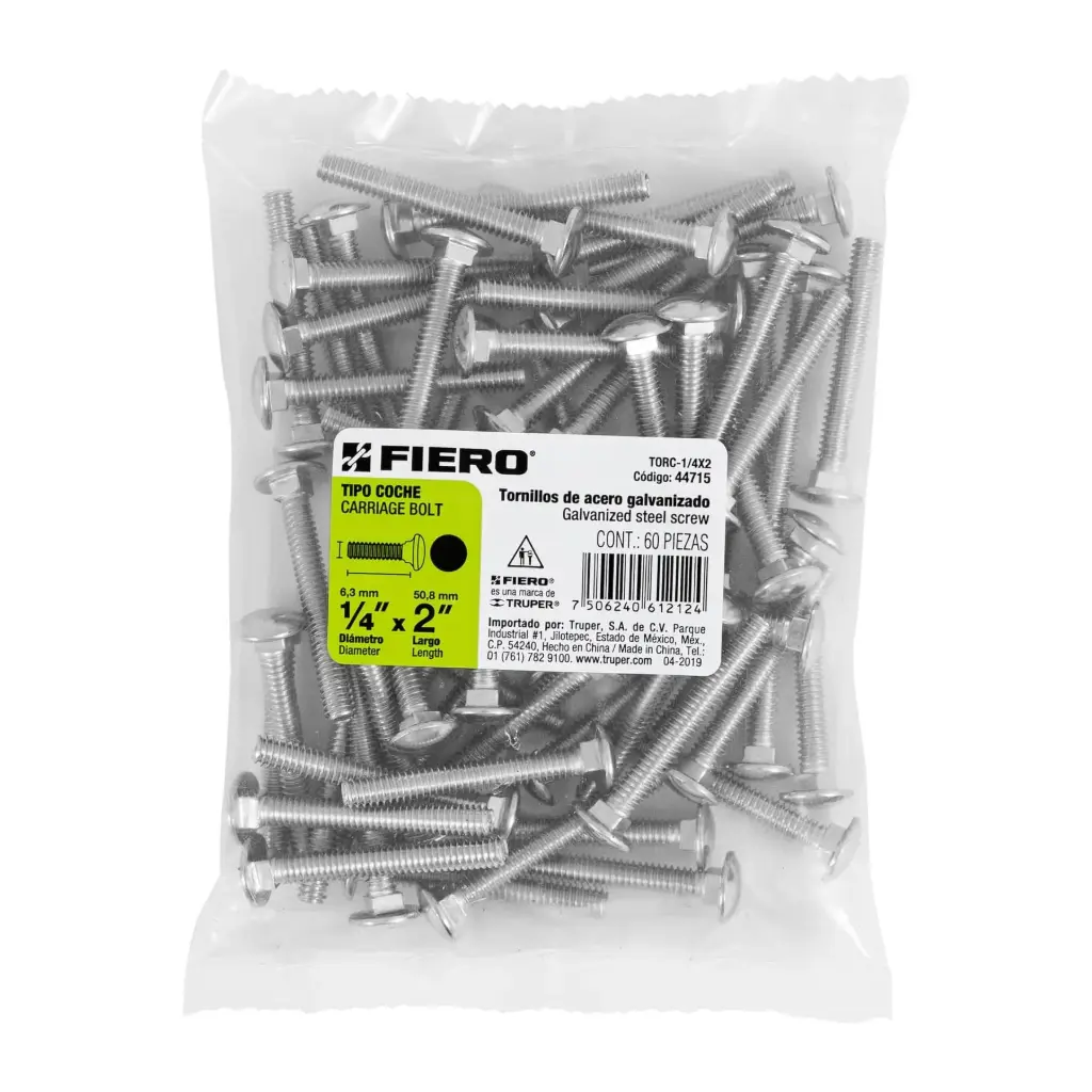 Bolsa Tornillo #1/4 x 2 Coche galvanizado con 80 pzas | Fiero