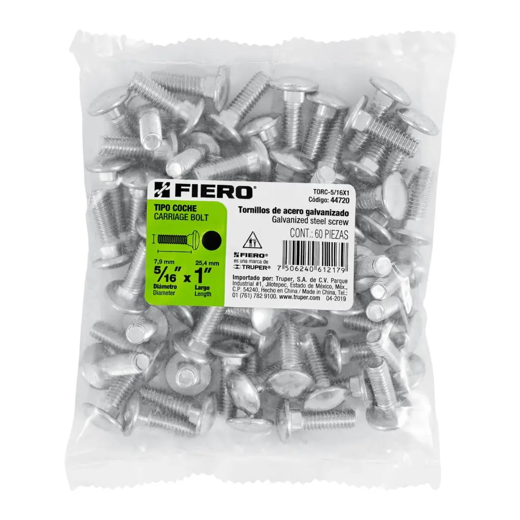 Bolsa Tornillo #5/16 x 1 Coche galvanizado con 60 pzas | Fiero