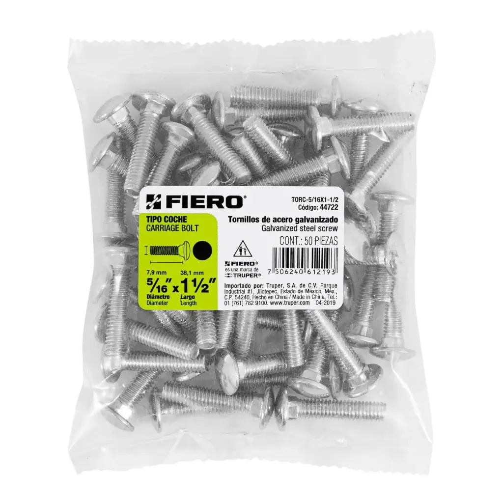 Bolsa Tornillo #5/16 x 1 1/2 Coche galvanizado con 50 pzas | Fiero