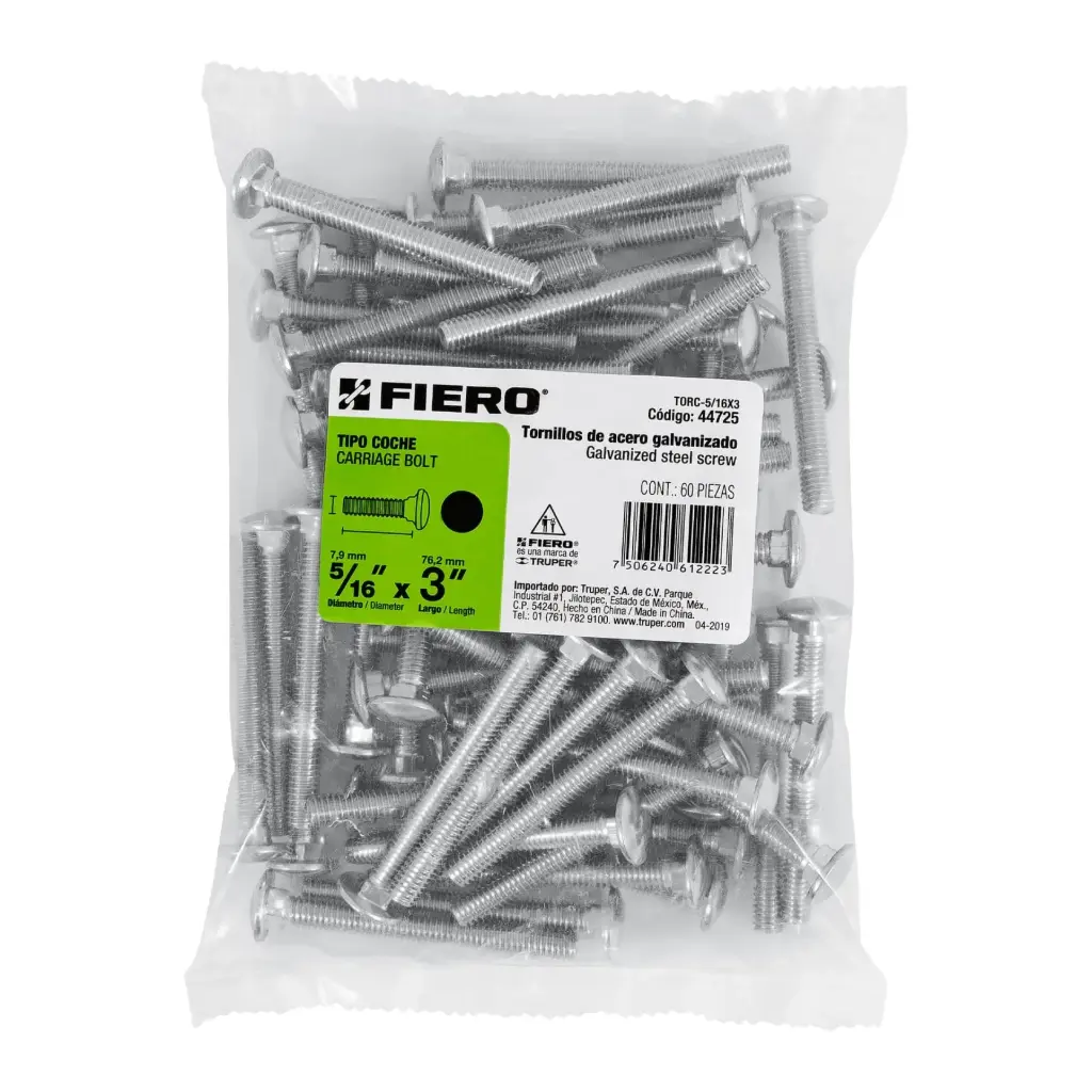 Bolsa Tornillo #5/16 x 3 Coche galvanizado con 60 pzas | Fiero