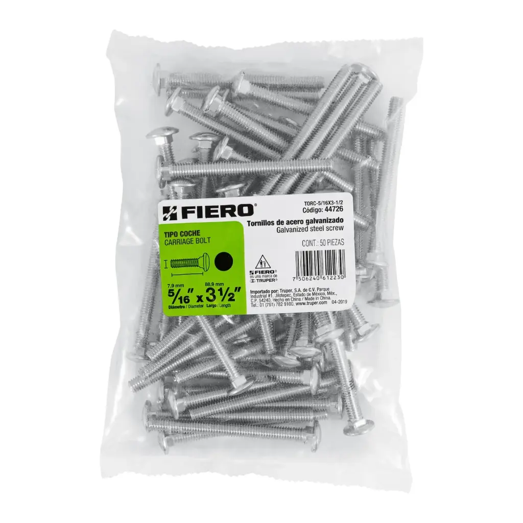 Bolsa Tornillo #5/16 x 3 1/2 Coche galvanizado con 50 pzas | Fiero