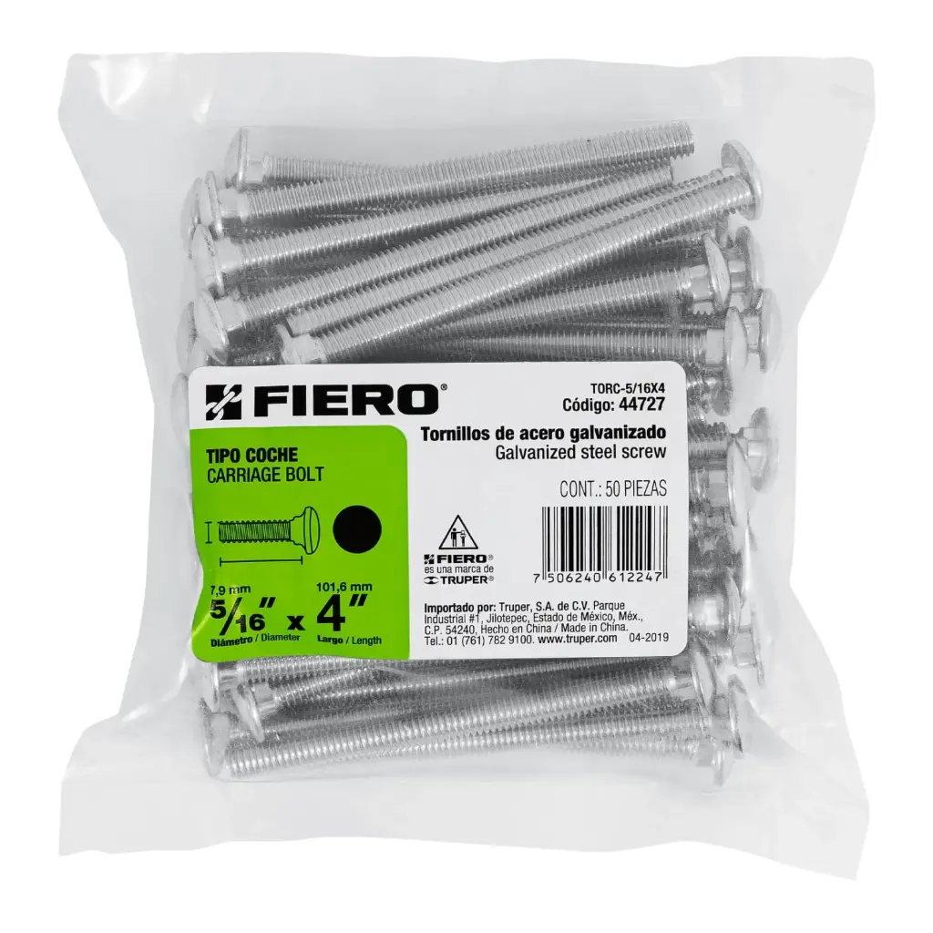 Bolsa Tornillo #5/16 x 4 Coche galvanizado con 50 pzas | Fiero