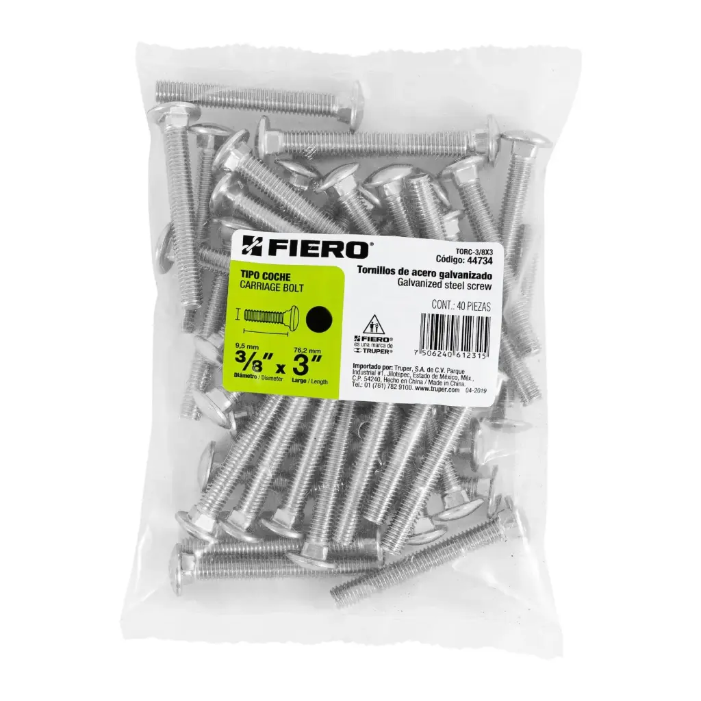 Bolsa Tornillo #3/8 x 3 Coche galvanizado con 40 pzas | Fiero