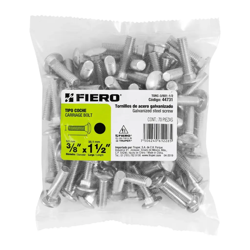 Bolsa Tornillo #3/8 x 1 1/2 Coche galvanizado con 70 pzas | Fiero