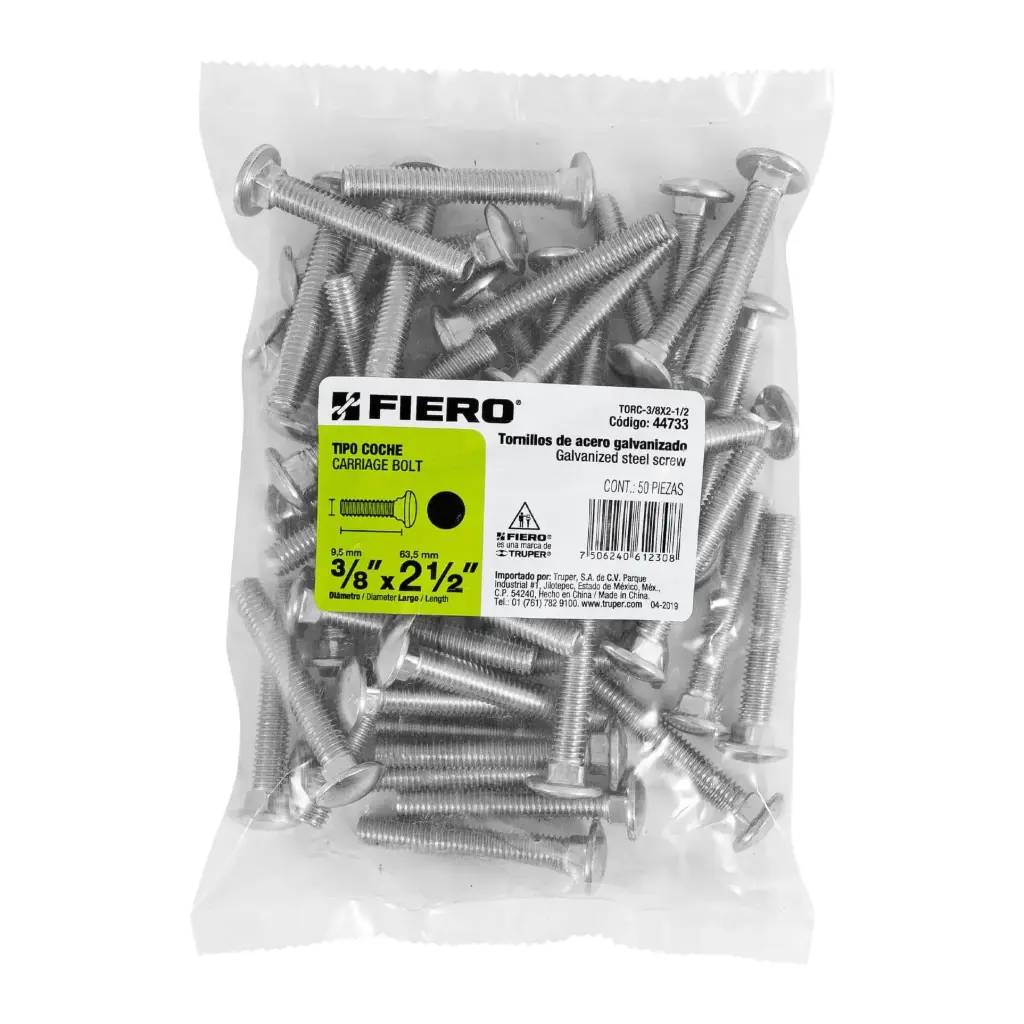 Bolsa Tornillo #3/8 x 2 1/2 Coche galvanizado con 50 pzas | Fiero