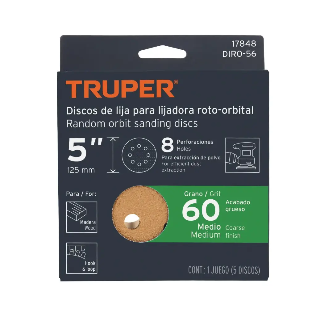 [17848] Paquete de Lija 5" grano 60 con 5 discos 8 perforaciones madera | Truper