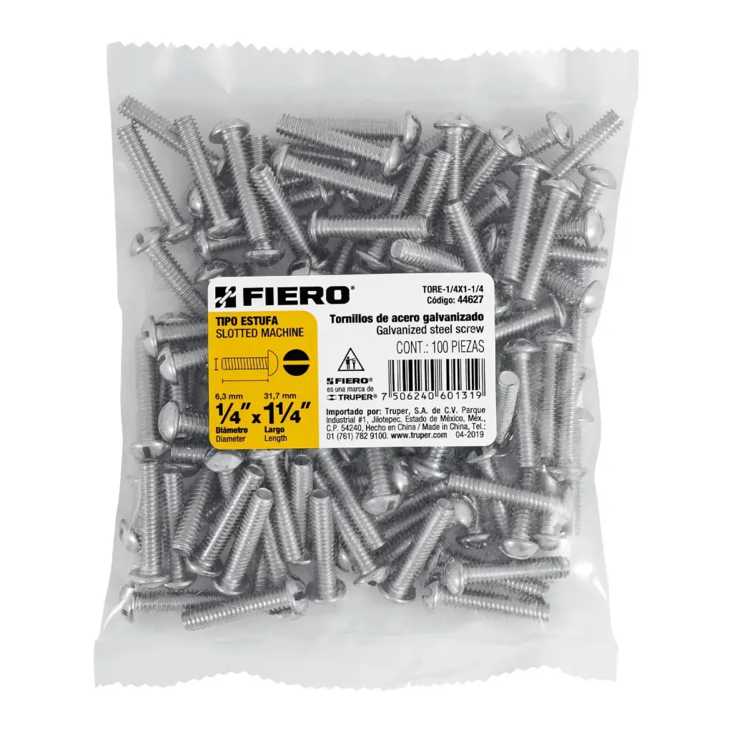 Bolsa Tornillo #1/4 x 1 1/4 Estufa galvanizado con 100 pzas | Fiero
