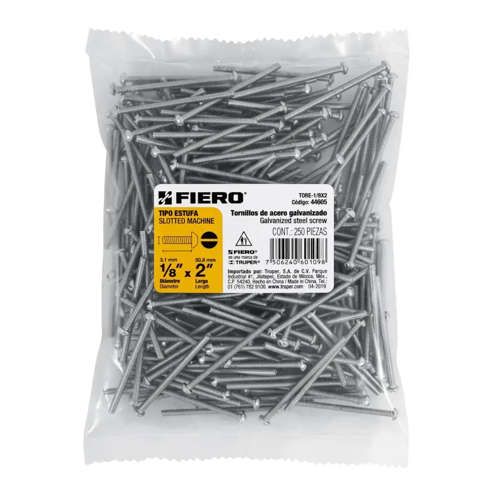 Bolsa Tornillo #1/8 x 2 Estufa galvanizado con 250 pzas | Fiero