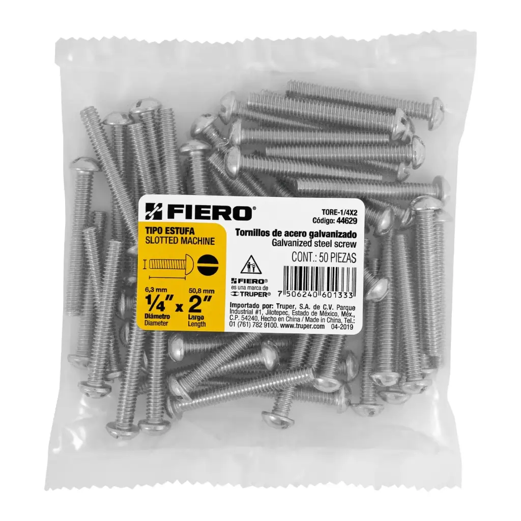 Bolsa Tornillo #1/4 x 2 Estufa galvanizado con 50 pzas | Fiero