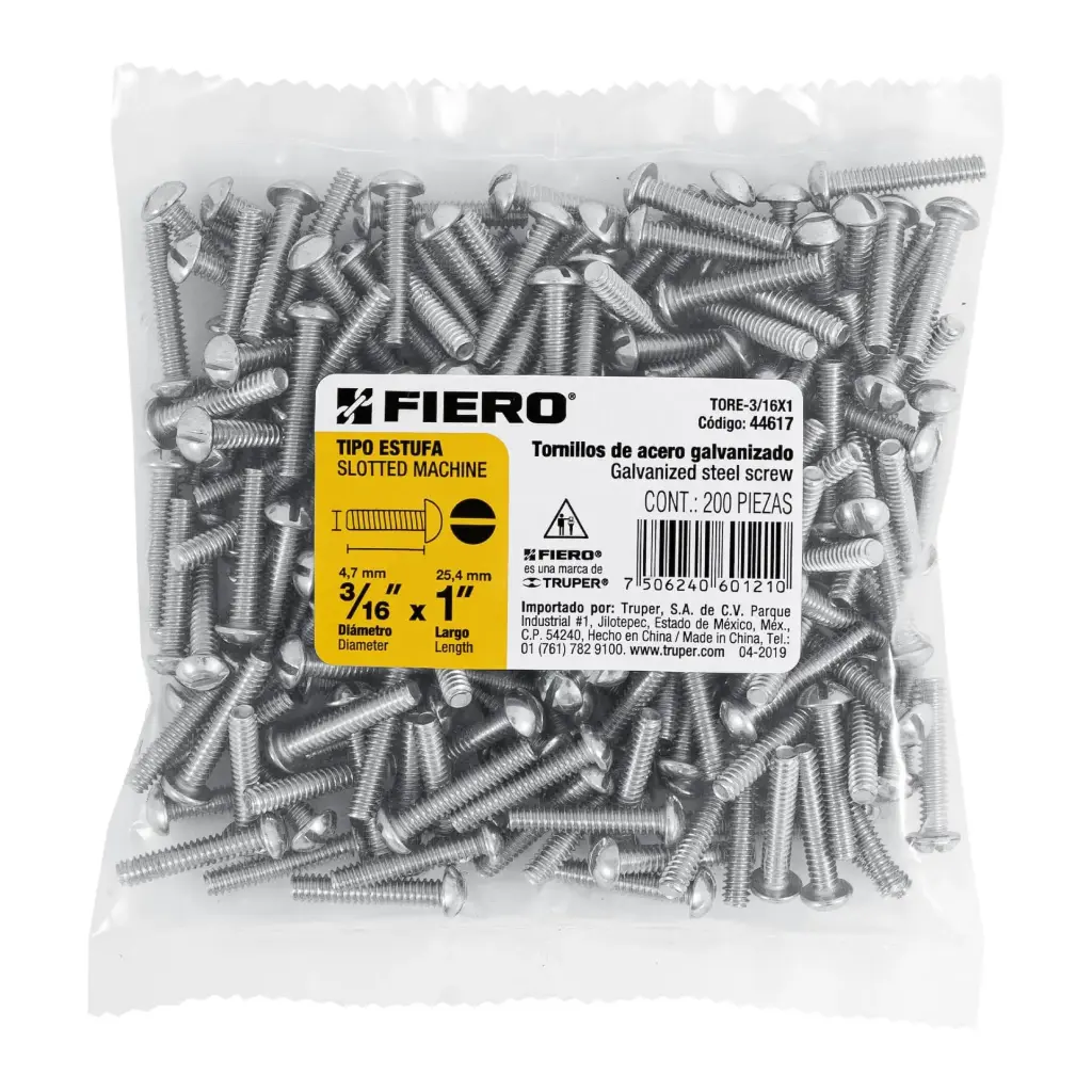 Bolsa Tornillo #3/16 x 1 Estufa galvanizado con 200 pzas | Fiero