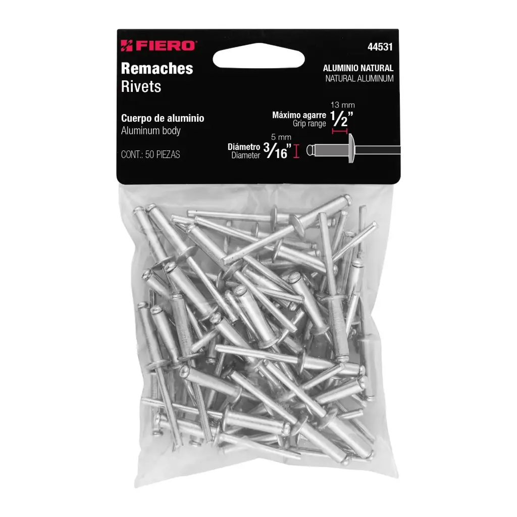 Bolsa de Remache 3/16" x 1/2" de aluminio ala 3/8" con 50 pzas | Fiero