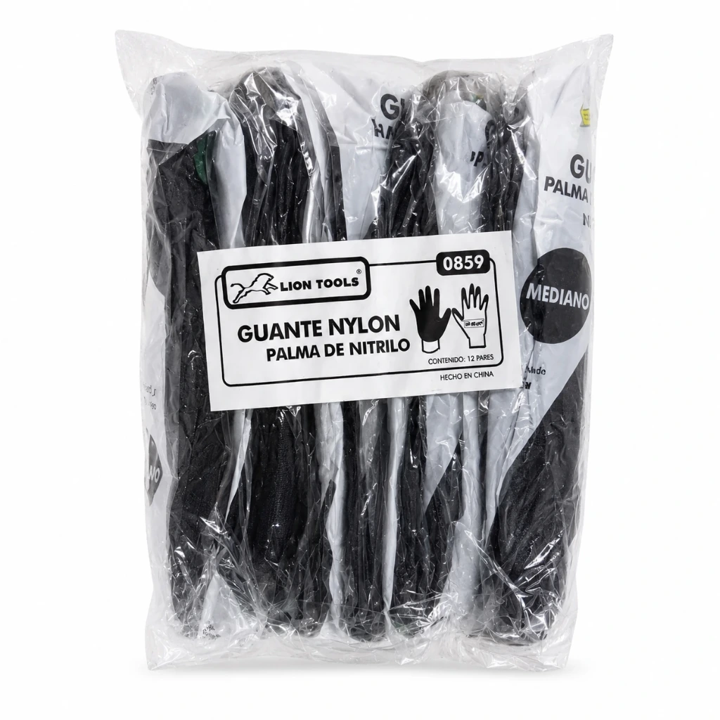 [0859] Paquete guantes nylon mediano nitrilo negro 12 pzas | Lion Tools