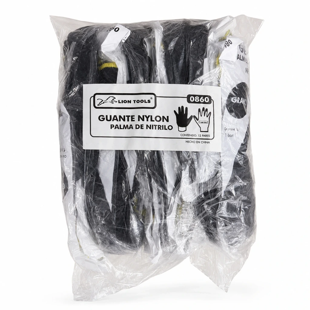 [0860] Paquete guantes nylon grande nitrilo negro 12 pzas | Lion Tools