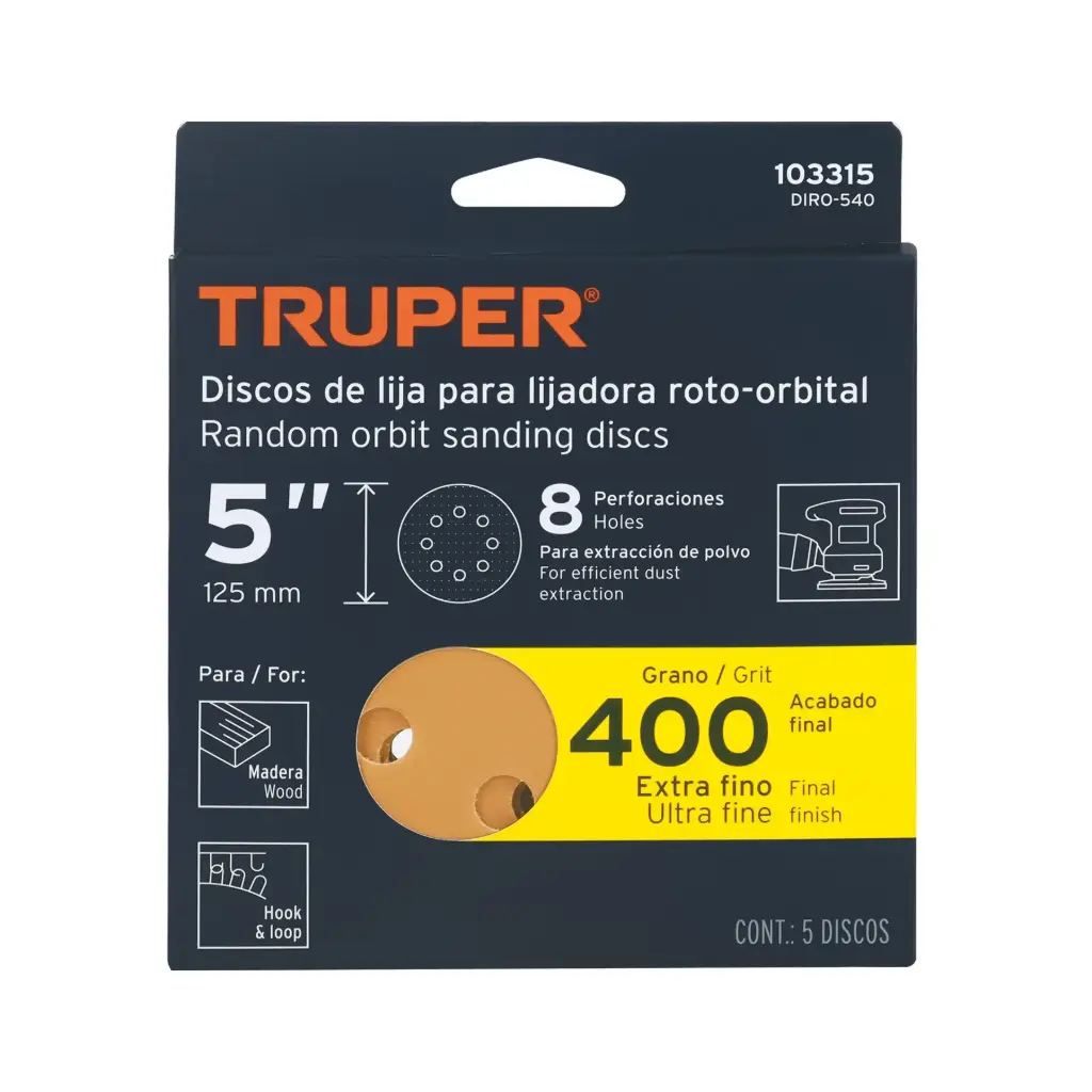 [103315] Paquete de Lija 5" grano 400 con 5 discos 8 perforaciones madera | Truper