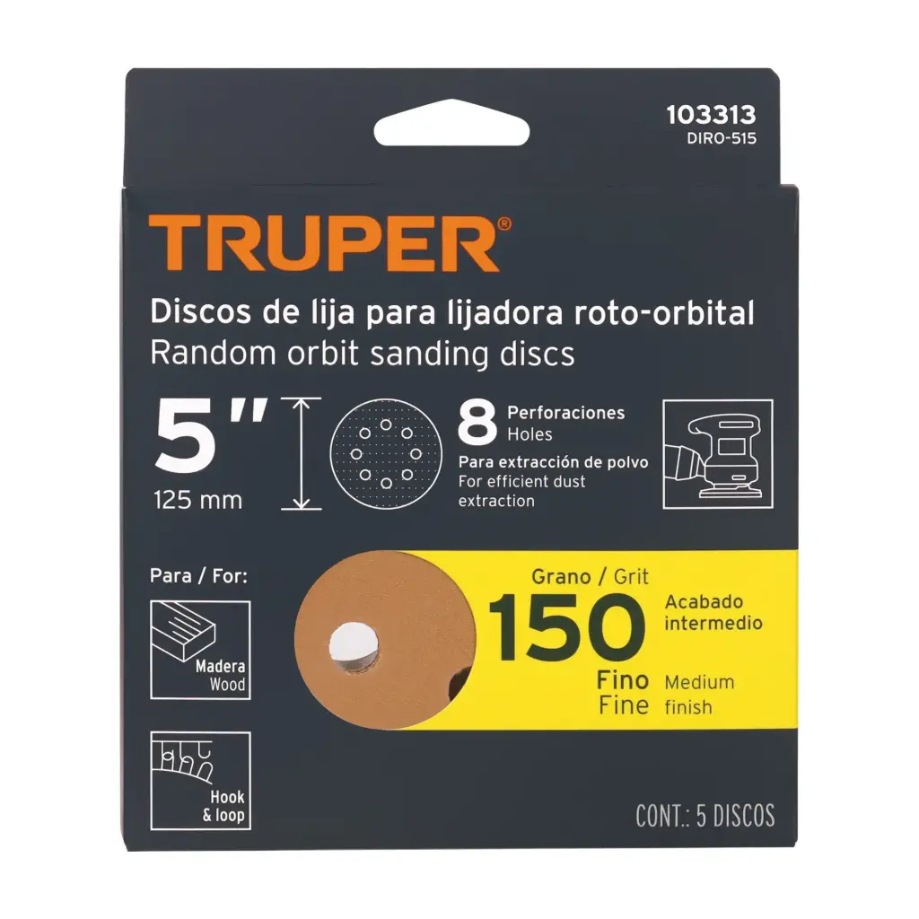 Paquete de Lija 5" grano 150 con 5 discos 8 perforaciones madera | Truper