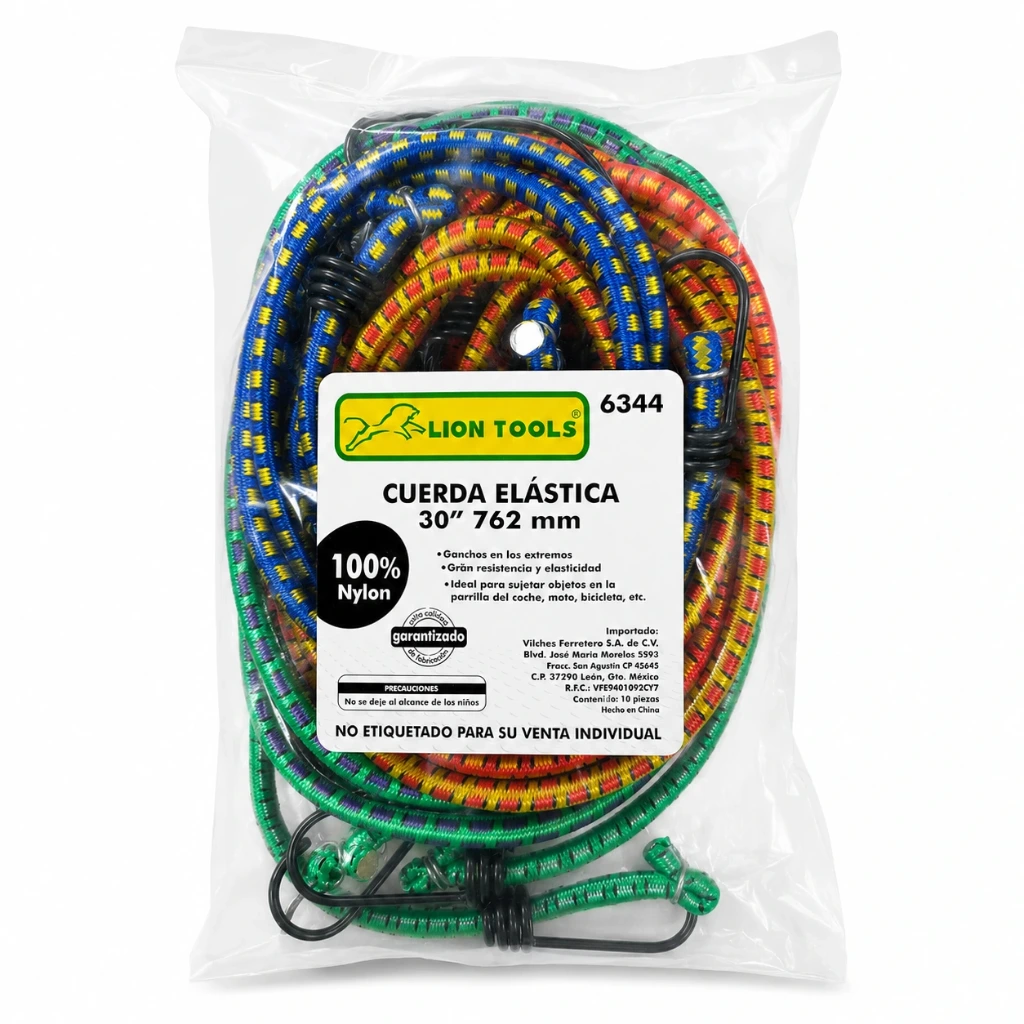 [6344] Paquete con 10 pzas liga elástica 30" con ganchos | Lion Tools