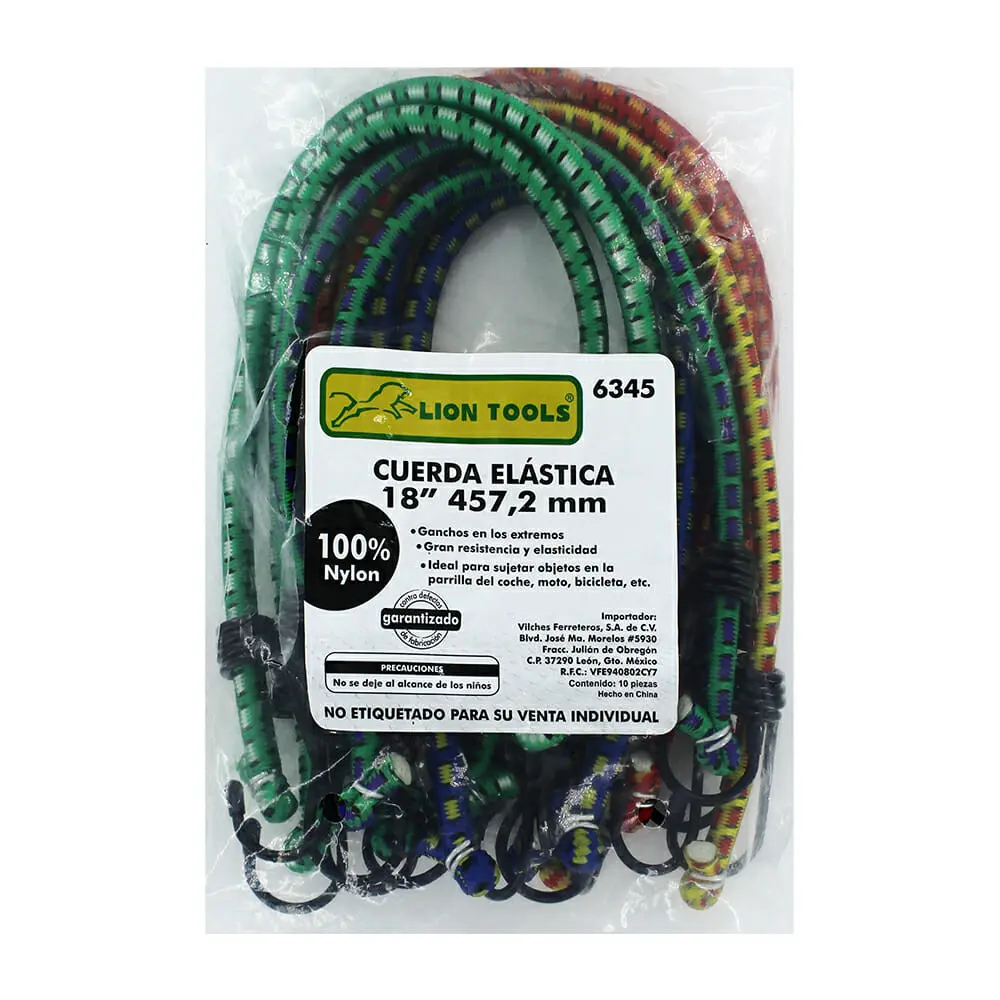 Paquete con 10 pzas liga elástica 18" con ganchos | Lion Tools