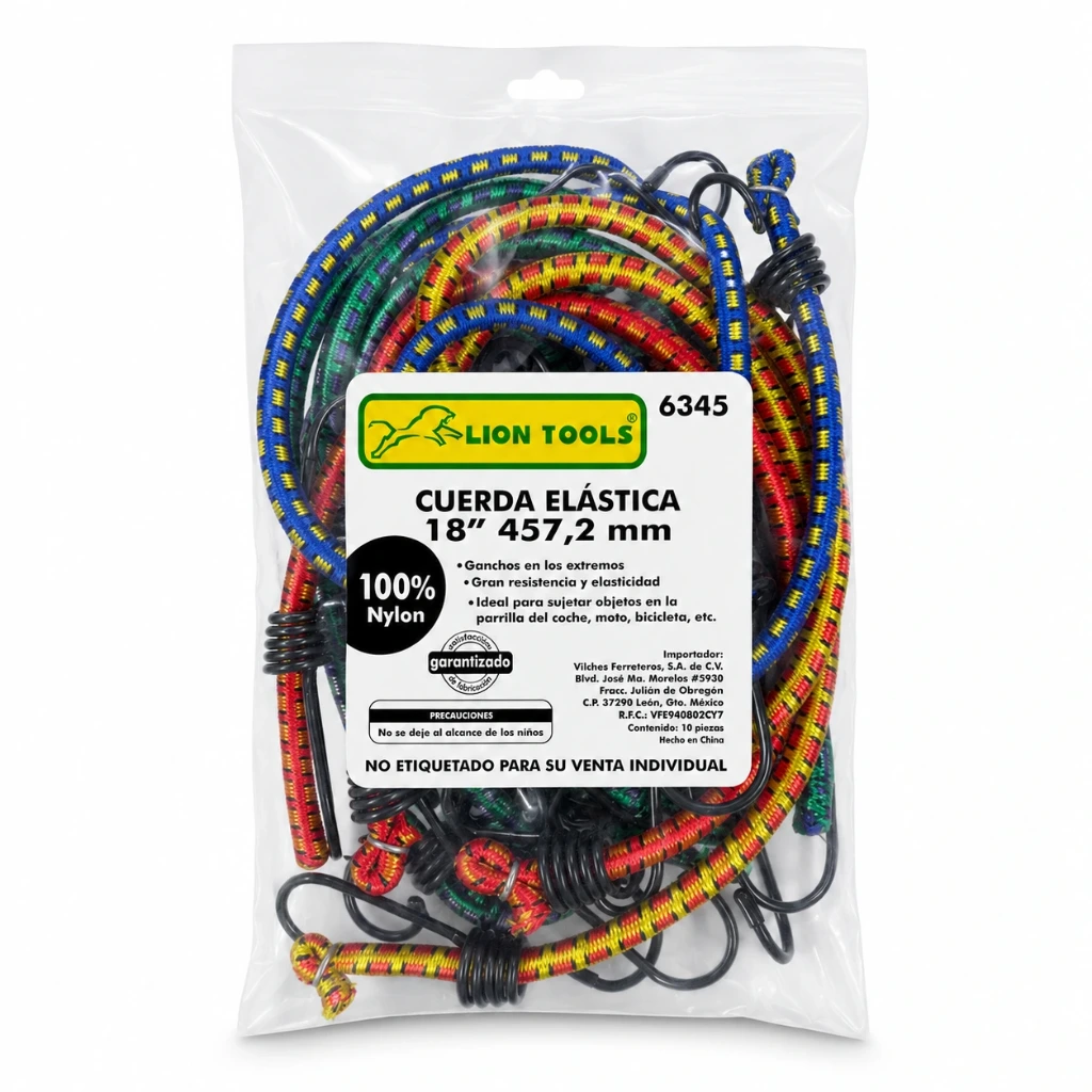 Paquete con 10 pzas liga elástica 18" con ganchos | Lion Tools