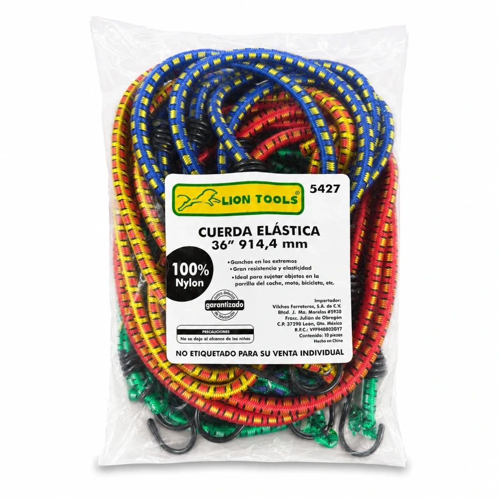 [5427] Paquete con 10 pzas liga elástica 36" con ganchos | Lion Tools
